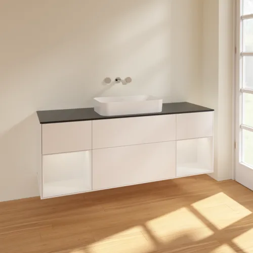 Bild von VILLEROY BOCH Finion Waschbeckenunterschrank, mit Beleuchtung, 4 Auszüge, 1600 x 603 x 501 mm, White Matt Lacquer / Glossy White Lacquer / Glass Black Matt #F742GFMT