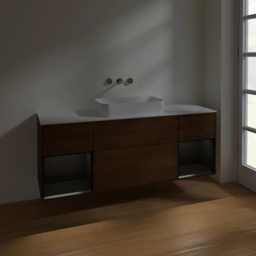 Bild von VILLEROY BOCH Finion Waschbeckenunterschrank, mit Beleuchtung, 4 Auszüge, 1600 x 603 x 501 mm, Walnut Veneer / Black Matt Lacquer / Glass White Matt #F741PDGN