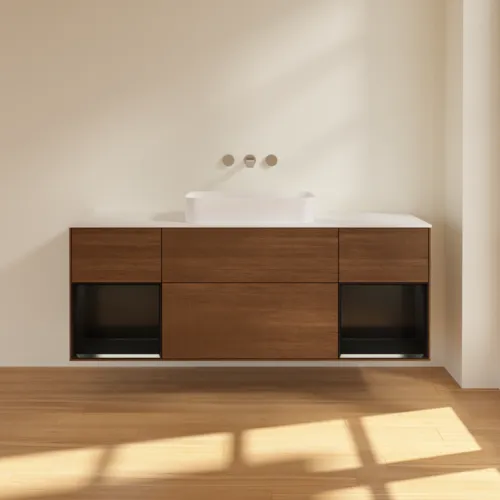 Bild von VILLEROY BOCH Finion Waschbeckenunterschrank, mit Beleuchtung, 4 Auszüge, 1600 x 603 x 501 mm, Walnut Veneer / Black Matt Lacquer / Glass White Matt #F741PDGN