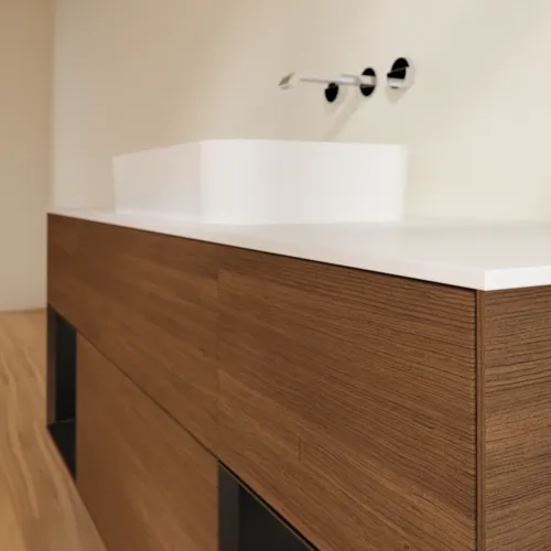 Bild von VILLEROY BOCH Finion Waschbeckenunterschrank, mit Beleuchtung, 4 Auszüge, 1600 x 603 x 501 mm, Walnut Veneer / Black Matt Lacquer / Glass White Matt #F741PDGN