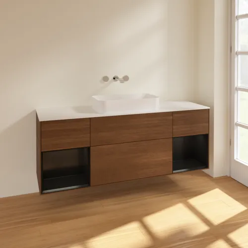 Bild von VILLEROY BOCH Finion Waschbeckenunterschrank, mit Beleuchtung, 4 Auszüge, 1600 x 603 x 501 mm, Walnut Veneer / Black Matt Lacquer / Glass White Matt #F741PDGN