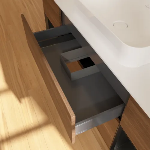 Bild von VILLEROY BOCH Finion Waschbeckenunterschrank, mit Beleuchtung, 4 Auszüge, 1600 x 603 x 501 mm, Walnut Veneer / Black Matt Lacquer / Glass White Matt #F741PDGN