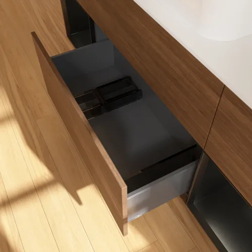 Bild von VILLEROY BOCH Finion Waschbeckenunterschrank, mit Beleuchtung, 4 Auszüge, 1600 x 603 x 501 mm, Walnut Veneer / Black Matt Lacquer / Glass White Matt #F741PDGN
