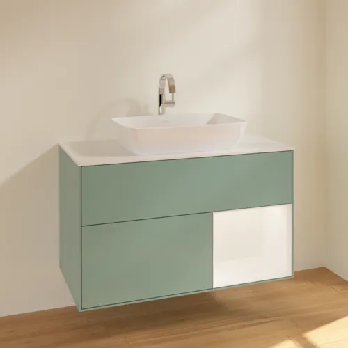 Bild von VILLEROY BOCH Finion Waschbeckenunterschrank, mit Beleuchtung, 2 Auszüge, 1000 x 603 x 501 mm, Olive Matt Lacquer / White Matt Lacquer / Glass White Matt #F781MTGM