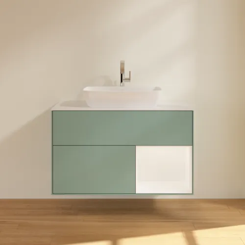 Bild von VILLEROY BOCH Finion Waschbeckenunterschrank, mit Beleuchtung, 2 Auszüge, 1000 x 603 x 501 mm, Olive Matt Lacquer / White Matt Lacquer / Glass White Matt #F781MTGM