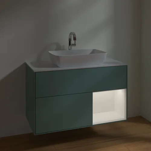 Bild von VILLEROY BOCH Finion Waschbeckenunterschrank, mit Beleuchtung, 2 Auszüge, 1000 x 603 x 501 mm, Olive Matt Lacquer / White Matt Lacquer / Glass White Matt #F781MTGM
