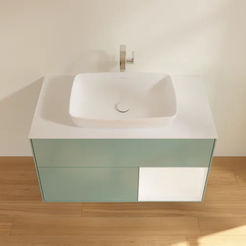Bild von VILLEROY BOCH Finion Waschbeckenunterschrank, mit Beleuchtung, 2 Auszüge, 1000 x 603 x 501 mm, Olive Matt Lacquer / White Matt Lacquer / Glass White Matt #F781MTGM