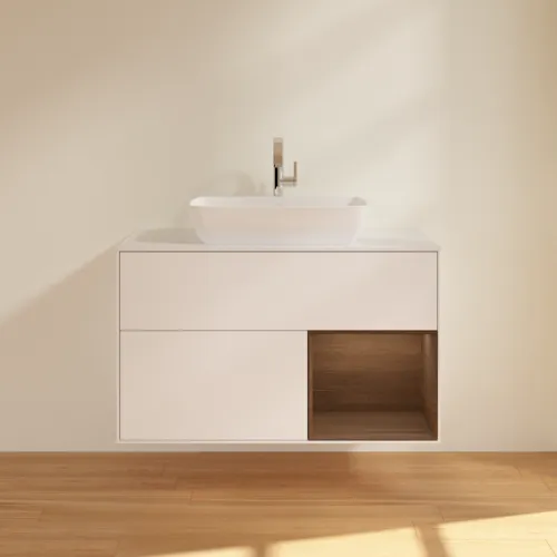 Bild von VILLEROY BOCH Finion Waschbeckenunterschrank, mit Beleuchtung, 2 Auszüge, 1000 x 603 x 501 mm, White Matt Lacquer / Walnut Veneer / Glass White Matt #F781GNMT