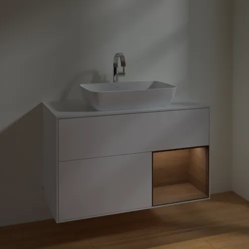 Bild von VILLEROY BOCH Finion Waschbeckenunterschrank, mit Beleuchtung, 2 Auszüge, 1000 x 603 x 501 mm, White Matt Lacquer / Walnut Veneer / Glass White Matt #F781GNMT