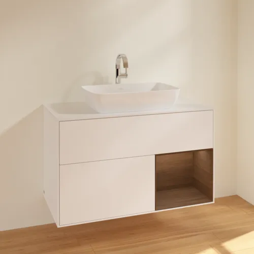 Bild von VILLEROY BOCH Finion Waschbeckenunterschrank, mit Beleuchtung, 2 Auszüge, 1000 x 603 x 501 mm, White Matt Lacquer / Walnut Veneer / Glass White Matt #F781GNMT