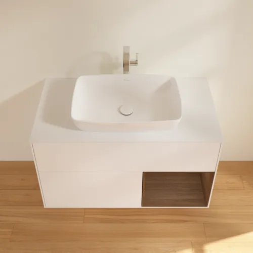 Bild von VILLEROY BOCH Finion Waschbeckenunterschrank, mit Beleuchtung, 2 Auszüge, 1000 x 603 x 501 mm, White Matt Lacquer / Walnut Veneer / Glass White Matt #F781GNMT