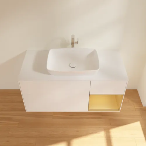 Bild von VILLEROY BOCH Finion Waschbeckenunterschrank, mit Beleuchtung, 3 Auszüge, 1200 x 603 x 501 mm, White Matt Lacquer / Gold Matt Lacquer / Glass White Matt #F831HFMT