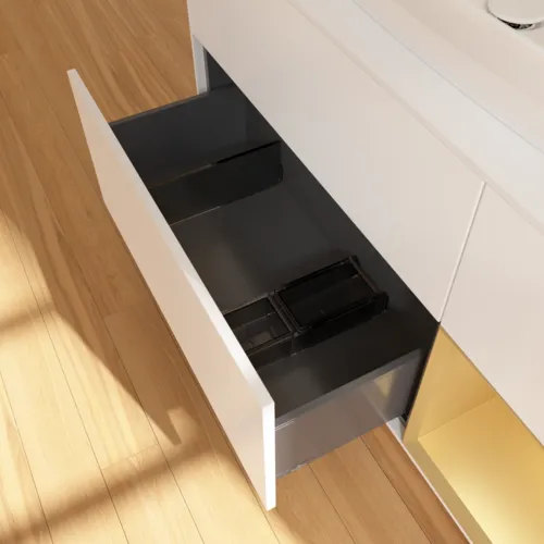 Bild von VILLEROY BOCH Finion Waschbeckenunterschrank, mit Beleuchtung, 3 Auszüge, 1200 x 603 x 501 mm, White Matt Lacquer / Gold Matt Lacquer / Glass White Matt #F831HFMT