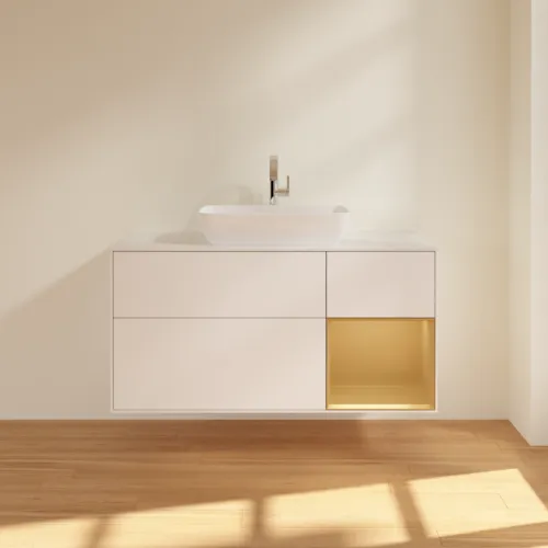Bild von VILLEROY BOCH Finion Waschbeckenunterschrank, mit Beleuchtung, 3 Auszüge, 1200 x 603 x 501 mm, White Matt Lacquer / Gold Matt Lacquer / Glass White Matt #F831HFMT