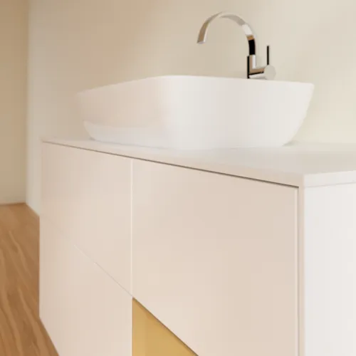 Bild von VILLEROY BOCH Finion Waschbeckenunterschrank, mit Beleuchtung, 3 Auszüge, 1200 x 603 x 501 mm, White Matt Lacquer / Gold Matt Lacquer / Glass White Matt #F831HFMT