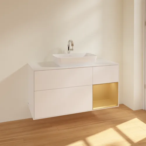 Bild von VILLEROY BOCH Finion Waschbeckenunterschrank, mit Beleuchtung, 3 Auszüge, 1200 x 603 x 501 mm, White Matt Lacquer / Gold Matt Lacquer / Glass White Matt #F831HFMT