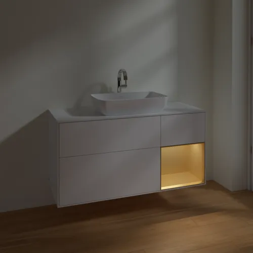 Bild von VILLEROY BOCH Finion Waschbeckenunterschrank, mit Beleuchtung, 3 Auszüge, 1200 x 603 x 501 mm, White Matt Lacquer / Gold Matt Lacquer / Glass White Matt #F831HFMT