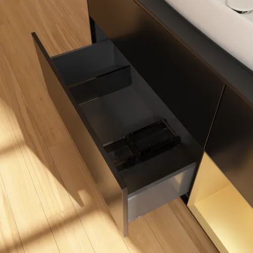 Bild von VILLEROY BOCH Finion Waschbeckenunterschrank, mit Beleuchtung, 3 Auszüge, 1200 x 603 x 501 mm, Black Matt Lacquer / Gold Matt Lacquer / Glass Black Matt #F832HFPD