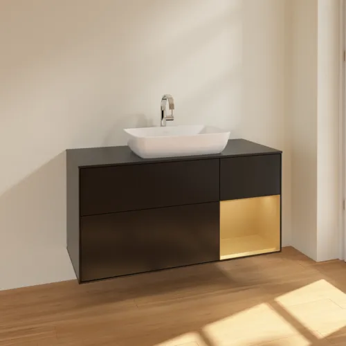Bild von VILLEROY BOCH Finion Waschbeckenunterschrank, mit Beleuchtung, 3 Auszüge, 1200 x 603 x 501 mm, Black Matt Lacquer / Gold Matt Lacquer / Glass Black Matt #F832HFPD
