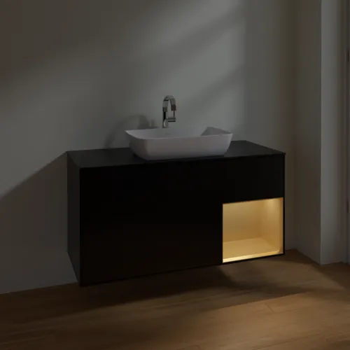 Bild von VILLEROY BOCH Finion Waschbeckenunterschrank, mit Beleuchtung, 3 Auszüge, 1200 x 603 x 501 mm, Black Matt Lacquer / Gold Matt Lacquer / Glass Black Matt #F832HFPD