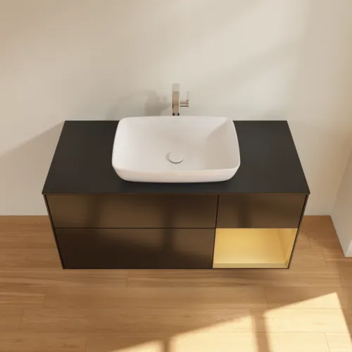 Bild von VILLEROY BOCH Finion Waschbeckenunterschrank, mit Beleuchtung, 3 Auszüge, 1200 x 603 x 501 mm, Black Matt Lacquer / Gold Matt Lacquer / Glass Black Matt #F832HFPD