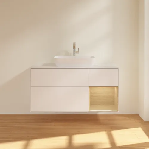 Bild von VILLEROY BOCH Finion Waschbeckenunterschrank, mit Beleuchtung, 3 Auszüge, 1200 x 603 x 501 mm, White Matt Lacquer / Oak Veneer / Glass White Matt #F831PCMT