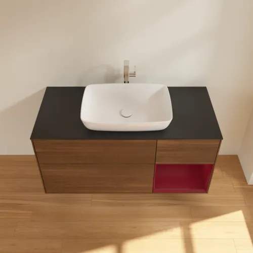 Bild von VILLEROY BOCH Finion Waschbeckenunterschrank, mit Beleuchtung, 3 Auszüge, 1200 x 603 x 501 mm, Walnut Veneer / Peony Matt Lacquer / Glass Black Matt #F832HBGN