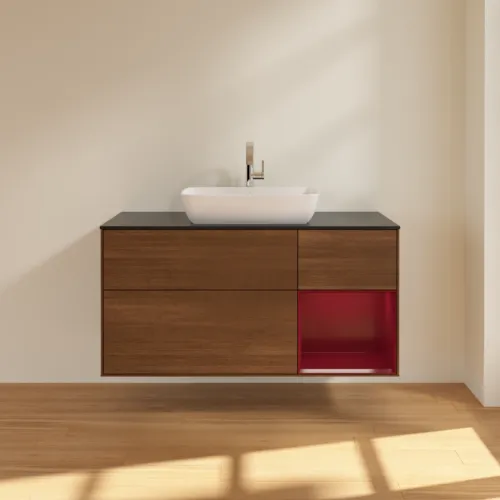 Bild von VILLEROY BOCH Finion Waschbeckenunterschrank, mit Beleuchtung, 3 Auszüge, 1200 x 603 x 501 mm, Walnut Veneer / Peony Matt Lacquer / Glass Black Matt #F832HBGN