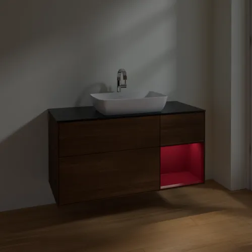 Bild von VILLEROY BOCH Finion Waschbeckenunterschrank, mit Beleuchtung, 3 Auszüge, 1200 x 603 x 501 mm, Walnut Veneer / Peony Matt Lacquer / Glass Black Matt #F832HBGN