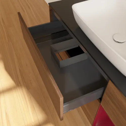 Bild von VILLEROY BOCH Finion Waschbeckenunterschrank, mit Beleuchtung, 3 Auszüge, 1200 x 603 x 501 mm, Walnut Veneer / Peony Matt Lacquer / Glass Black Matt #F832HBGN