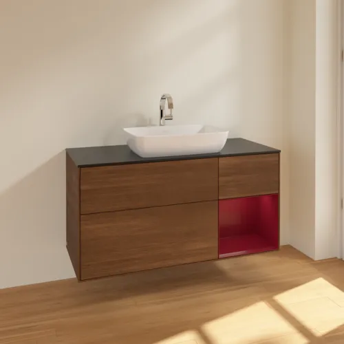 Bild von VILLEROY BOCH Finion Waschbeckenunterschrank, mit Beleuchtung, 3 Auszüge, 1200 x 603 x 501 mm, Walnut Veneer / Peony Matt Lacquer / Glass Black Matt #F832HBGN