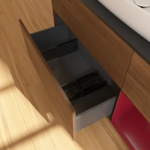 Bild von VILLEROY BOCH Finion Waschbeckenunterschrank, mit Beleuchtung, 3 Auszüge, 1200 x 603 x 501 mm, Walnut Veneer / Peony Matt Lacquer / Glass Black Matt #F832HBGN