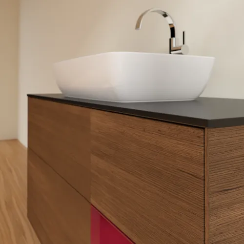 Bild von VILLEROY BOCH Finion Waschbeckenunterschrank, mit Beleuchtung, 3 Auszüge, 1200 x 603 x 501 mm, Walnut Veneer / Peony Matt Lacquer / Glass Black Matt #F832HBGN