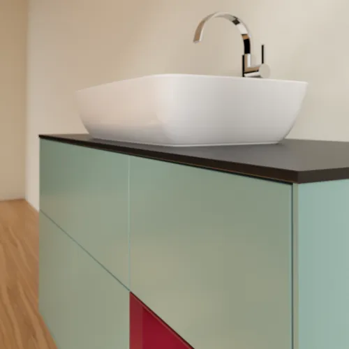 Bild von VILLEROY BOCH Finion Waschbeckenunterschrank, mit Beleuchtung, 3 Auszüge, 1200 x 603 x 501 mm, Olive Matt Lacquer / Peony Matt Lacquer / Glass Black Matt #F832HBGM