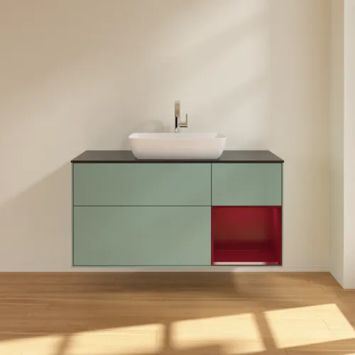 Bild von VILLEROY BOCH Finion Waschbeckenunterschrank, mit Beleuchtung, 3 Auszüge, 1200 x 603 x 501 mm, Olive Matt Lacquer / Peony Matt Lacquer / Glass Black Matt #F832HBGM