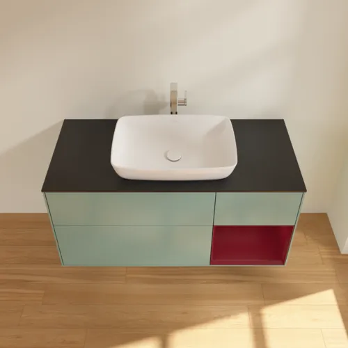 Bild von VILLEROY BOCH Finion Waschbeckenunterschrank, mit Beleuchtung, 3 Auszüge, 1200 x 603 x 501 mm, Olive Matt Lacquer / Peony Matt Lacquer / Glass Black Matt #F832HBGM