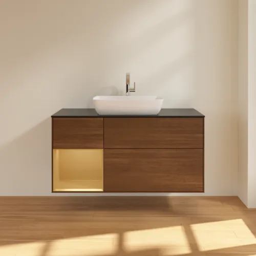 Bild von VILLEROY BOCH Finion Waschbeckenunterschrank, mit Beleuchtung, 3 Auszüge, 1200 x 603 x 501 mm, Walnut Veneer / Gold Matt Lacquer / Glass Black Matt #F822HFGN