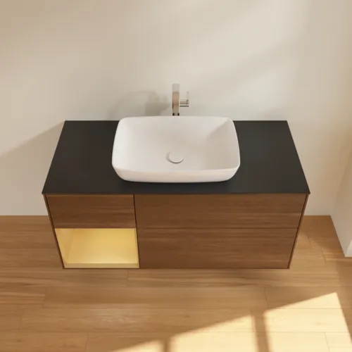 Bild von VILLEROY BOCH Finion Waschbeckenunterschrank, mit Beleuchtung, 3 Auszüge, 1200 x 603 x 501 mm, Walnut Veneer / Gold Matt Lacquer / Glass Black Matt #F822HFGN