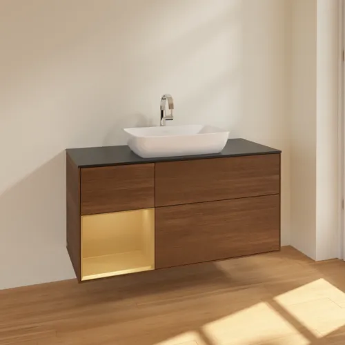Bild von VILLEROY BOCH Finion Waschbeckenunterschrank, mit Beleuchtung, 3 Auszüge, 1200 x 603 x 501 mm, Walnut Veneer / Gold Matt Lacquer / Glass Black Matt #F822HFGN
