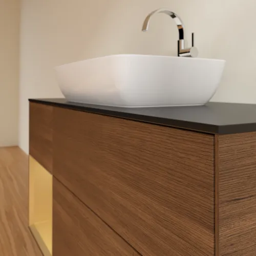 Bild von VILLEROY BOCH Finion Waschbeckenunterschrank, mit Beleuchtung, 3 Auszüge, 1200 x 603 x 501 mm, Walnut Veneer / Gold Matt Lacquer / Glass Black Matt #F822HFGN