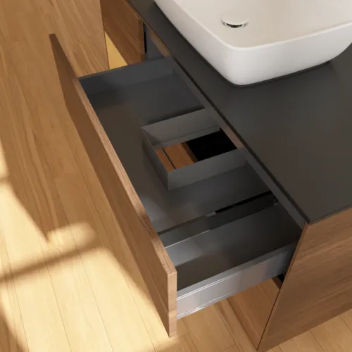Bild von VILLEROY BOCH Finion Waschbeckenunterschrank, mit Beleuchtung, 3 Auszüge, 1200 x 603 x 501 mm, Walnut Veneer / Gold Matt Lacquer / Glass Black Matt #F822HFGN