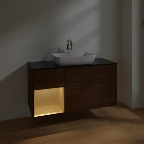 Bild von VILLEROY BOCH Finion Waschbeckenunterschrank, mit Beleuchtung, 3 Auszüge, 1200 x 603 x 501 mm, Walnut Veneer / Gold Matt Lacquer / Glass Black Matt #F822HFGN