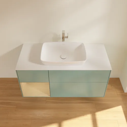Obrázek VILLEROY BOCH Toaletní skříňka Finion, s osvětlením, 3 výsuvy, 1200 x 603 x 501 mm, olivový matný lak / dubová dýha / sklo bílé matné #F821PCGM