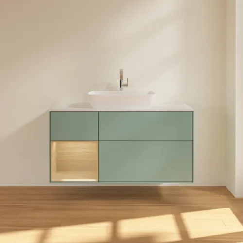 Obrázek VILLEROY BOCH Toaletní skříňka Finion, s osvětlením, 3 výsuvy, 1200 x 603 x 501 mm, olivový matný lak / dubová dýha / sklo bílé matné #F821PCGM
