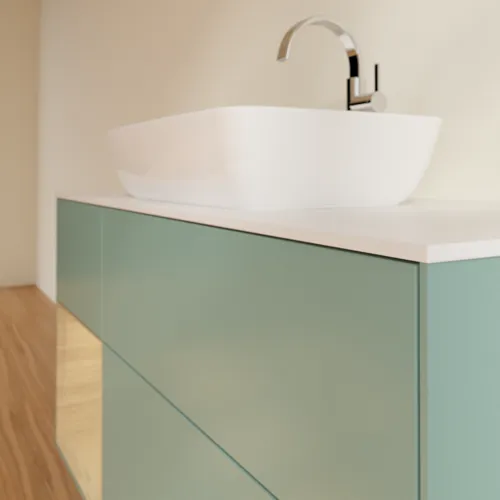 Obrázek VILLEROY BOCH Toaletní skříňka Finion, s osvětlením, 3 výsuvy, 1200 x 603 x 501 mm, olivový matný lak / dubová dýha / sklo bílé matné #F821PCGM