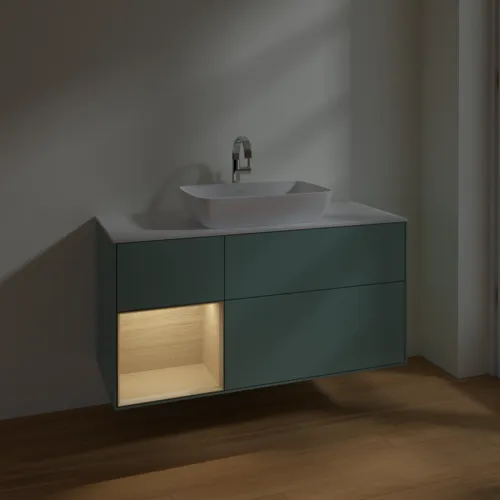 Obrázek VILLEROY BOCH Toaletní skříňka Finion, s osvětlením, 3 výsuvy, 1200 x 603 x 501 mm, olivový matný lak / dubová dýha / sklo bílé matné #F821PCGM