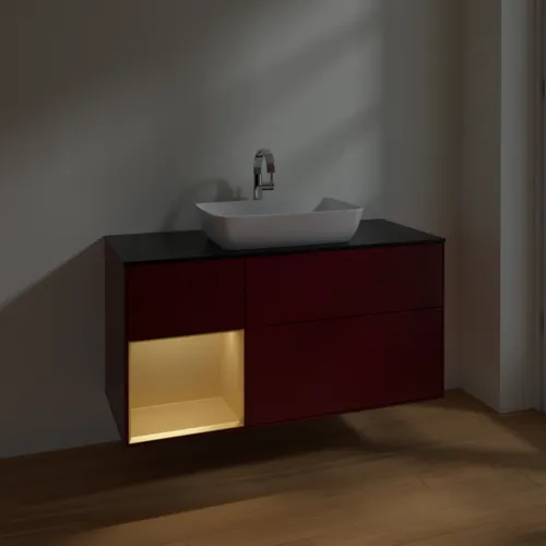 Bild von VILLEROY BOCH Finion Waschbeckenunterschrank, mit Beleuchtung, 3 Auszüge, 1200 x 603 x 501 mm, Peony Matt Lacquer / Gold Matt Lacquer / Glass Black Matt #F822HFHB