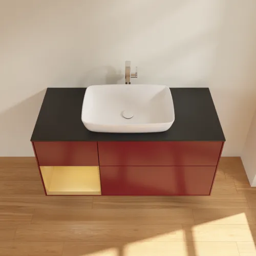 Bild von VILLEROY BOCH Finion Waschbeckenunterschrank, mit Beleuchtung, 3 Auszüge, 1200 x 603 x 501 mm, Peony Matt Lacquer / Gold Matt Lacquer / Glass Black Matt #F822HFHB
