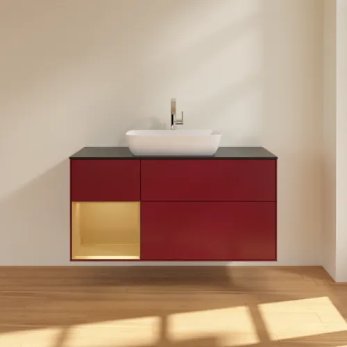 Bild von VILLEROY BOCH Finion Waschbeckenunterschrank, mit Beleuchtung, 3 Auszüge, 1200 x 603 x 501 mm, Peony Matt Lacquer / Gold Matt Lacquer / Glass Black Matt #F822HFHB