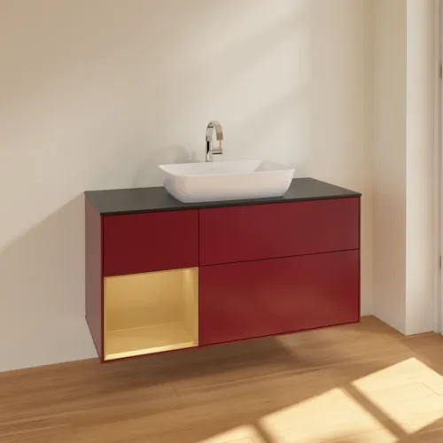 Bild von VILLEROY BOCH Finion Waschbeckenunterschrank, mit Beleuchtung, 3 Auszüge, 1200 x 603 x 501 mm, Peony Matt Lacquer / Gold Matt Lacquer / Glass Black Matt #F822HFHB